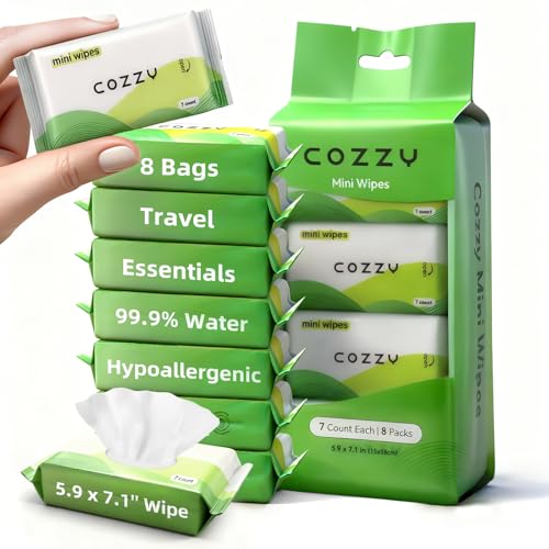 COZZY UltraCompact Mini Travel Wipes Gentle SkinFriendly Unscented AlcoholFree ParabenFree Ideal for Adults Kids Babies 8 Packs 56 Total Wipes - Image 2