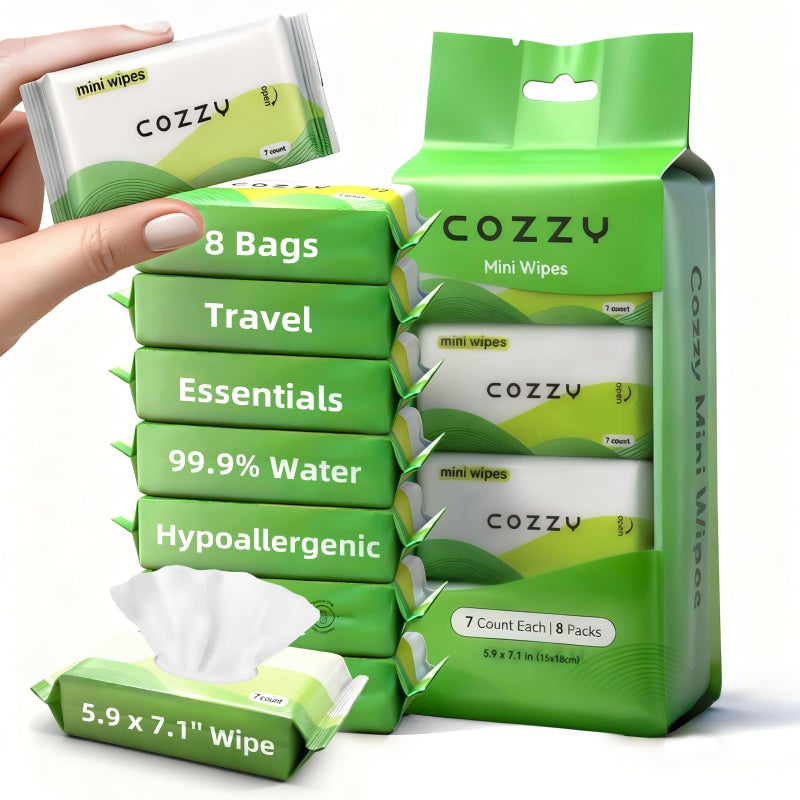 COZZY UltraCompact Mini Travel Wipes Gentle SkinFriendly Unscented AlcoholFree ParabenFree Ideal for Adults Kids Babies 8 Packs 56 Total Wipes - Image 3