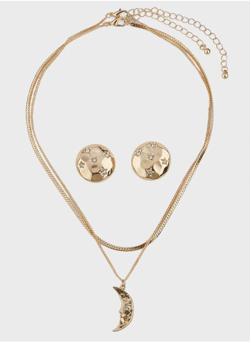 Ginger Star & Moon Diamante Necklace & Earrings Set
