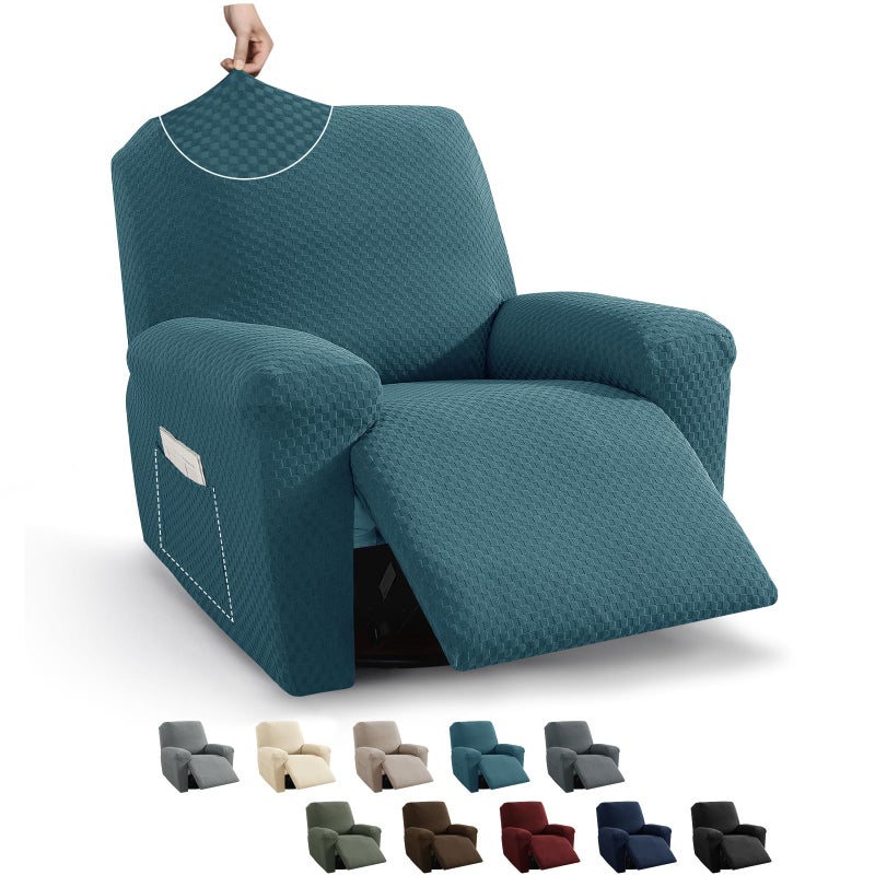 MAXIJIN Recliner Cover Slipcovers for Living Room 4 Pieces Stretch Jacquard Recliner Chair Cover Soft Fitted Recliner Protector with Elastic Bottom for Kids Pets Recliner Peacock Blue