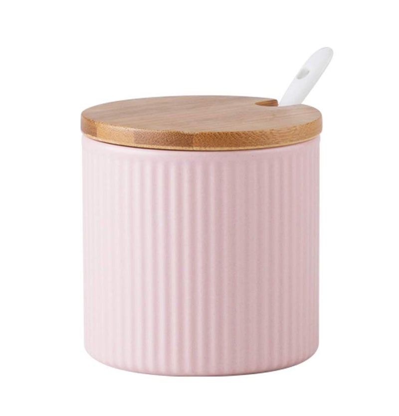 Mathew O Ceramic Embossed Stripe Sugar Bowl Spice Jar Storage Seasoning Pot with Lid Spoon - Image 1