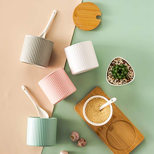 Mathew O Ceramic Embossed Stripe Sugar Bowl Spice Jar Storage Seasoning Pot with Lid Spoon - Image 4
