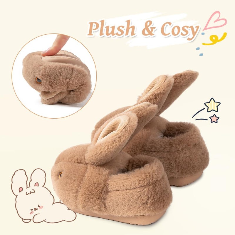 DRECAGE Girls Toddler Slippers Boys House Shoes for Little Kids Cute with Bunny Design Plush Indoor Slippers Non-Slip Brown 5-5.5 Infant - Image 3