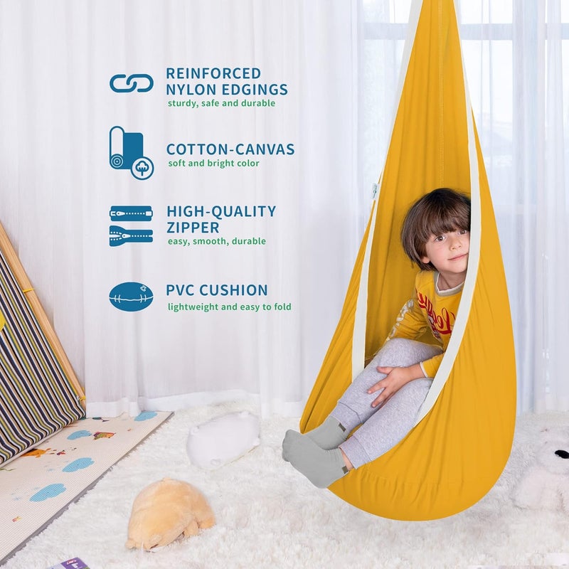 OUTREE Kids Pod Hanging Swing Seat Hammock,100% Cotton Child Swing Hammock Chair for Indoor and Outdoor use,Yellow and White - Image 3