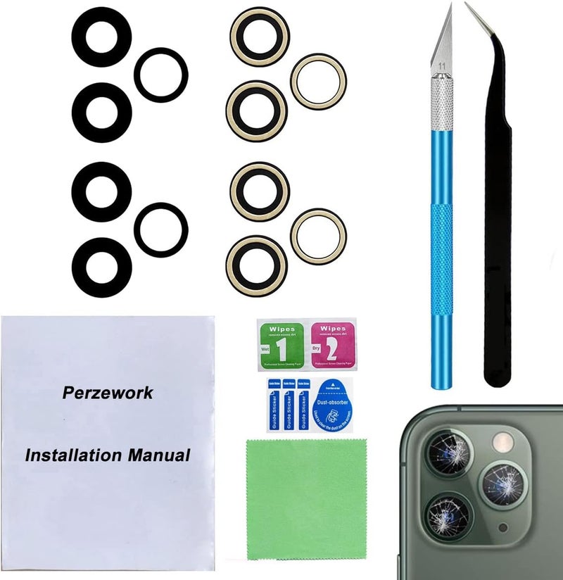 Perzework 2 Set Original Back Rear Camera Lens Glass Replacement for iPhone 11 Pro Max and iPhone 11 Pro with pre-Installed Adhesive and Reparing Toolkit - Image 1