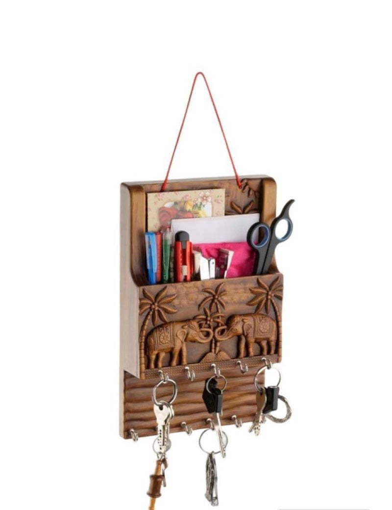 Smart VI Collection Home Multipurpose Plastic Key Holder Wooden Pattern with attractive House and Elephants pair image 28 cm length x 165 cm width Wooden Orange for Home Office and Shop  - Image 1