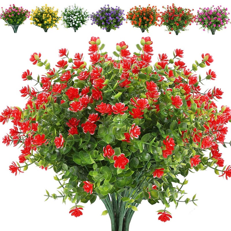 JOYGAR 8 Bundles Artificial Flowers Fake Boxwood Shrubs UV Resistant No Fade Faux Greenery Faux Plastic Lotus for Home Garden Hanging Planter Indoor Outdoor Porch Patio Office Wedding DecorationRed