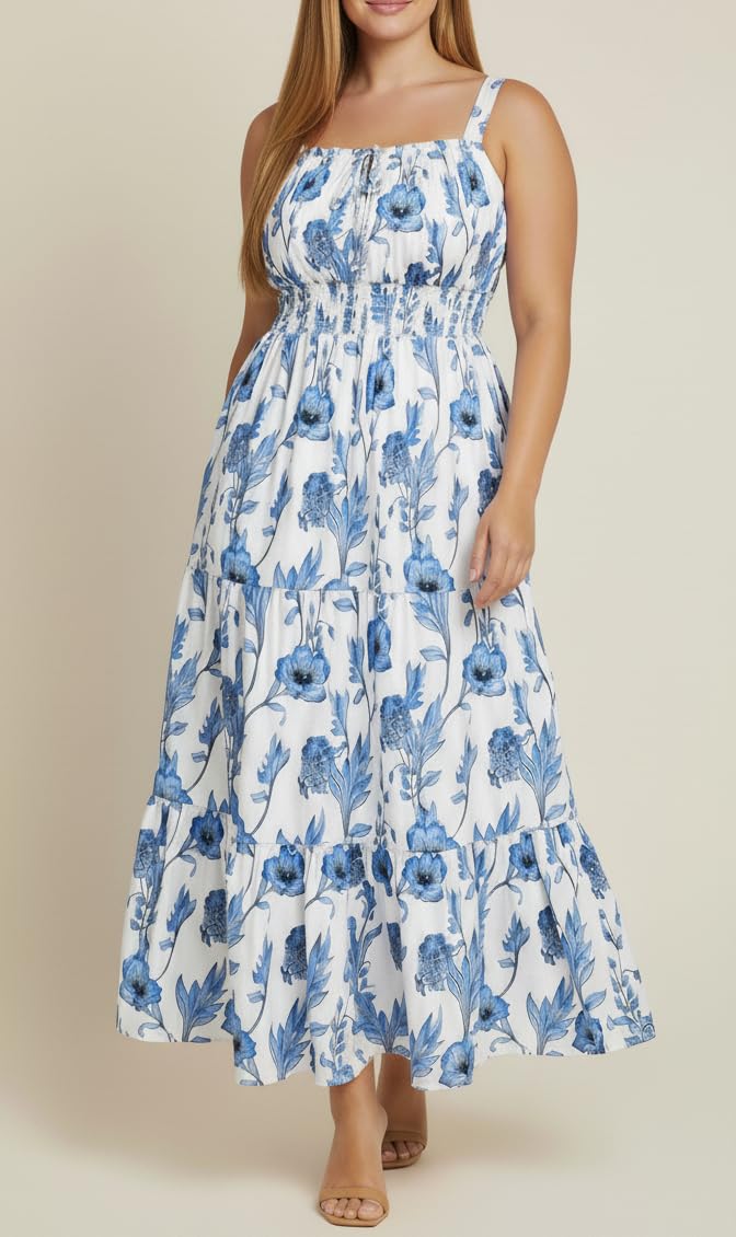 Talisea Plus Size Summer Sun Dresses Blue and White Flower Floral Maxi Sundress Spring Boho Spaghetti Strap Casual Beach - Image 2