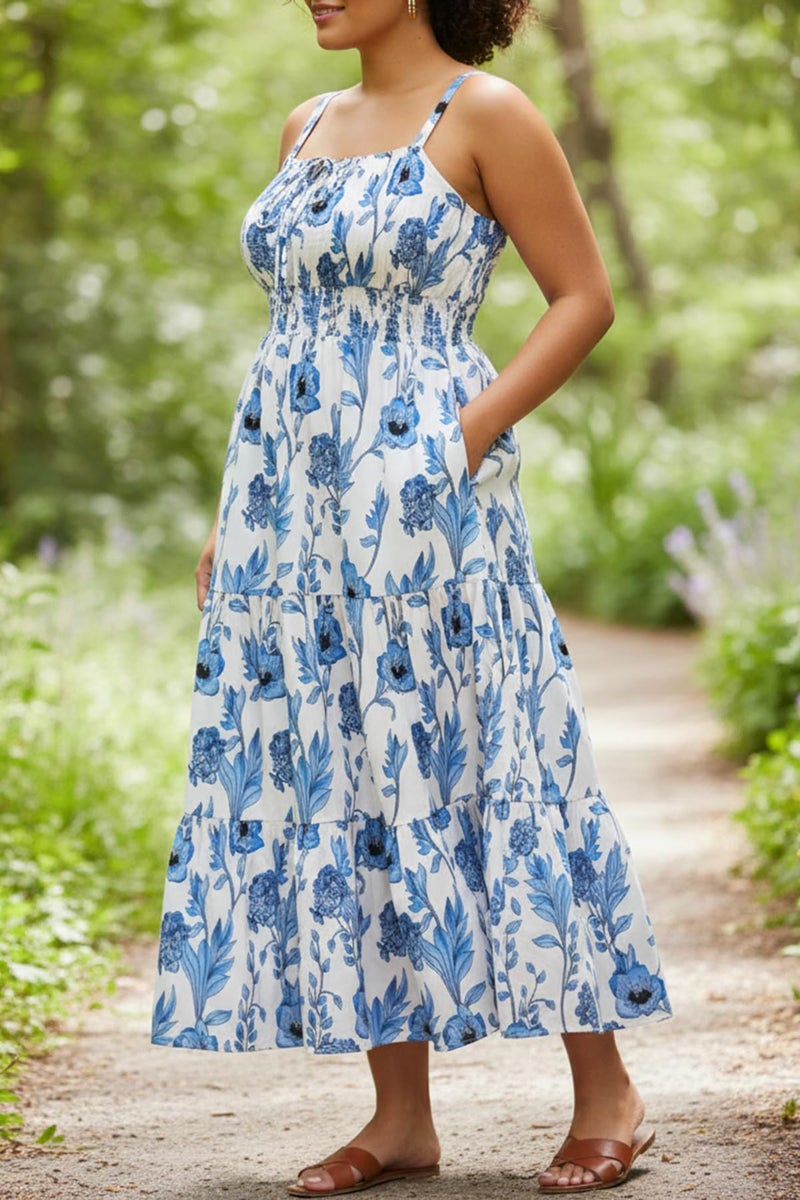 Talisea Plus Size Summer Sun Dresses Blue and White Flower Floral Maxi Sundress Spring Boho Spaghetti Strap Casual Beach - Image 3