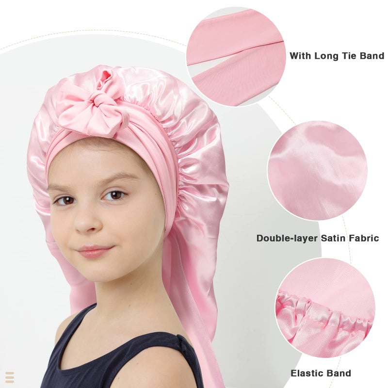 AWAYTR Kids Long Hair Bonnet for Sleeping - Double Layer Girls Elastic Satin Bonnet with Tie Band for Braid Curly Hair (Pink) - Image 4