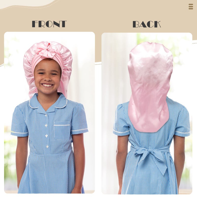 AWAYTR Kids Long Hair Bonnet for Sleeping - Double Layer Girls Elastic Satin Bonnet with Tie Band for Braid Curly Hair (Pink) - Image 2