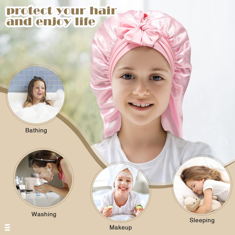 AWAYTR Kids Long Hair Bonnet for Sleeping - Double Layer Girls Elastic Satin Bonnet with Tie Band for Braid Curly Hair (Pink) - Image 3