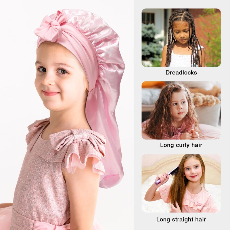 AWAYTR Kids Long Hair Bonnet for Sleeping - Double Layer Girls Elastic Satin Bonnet with Tie Band for Braid Curly Hair (Pink) - Image 5