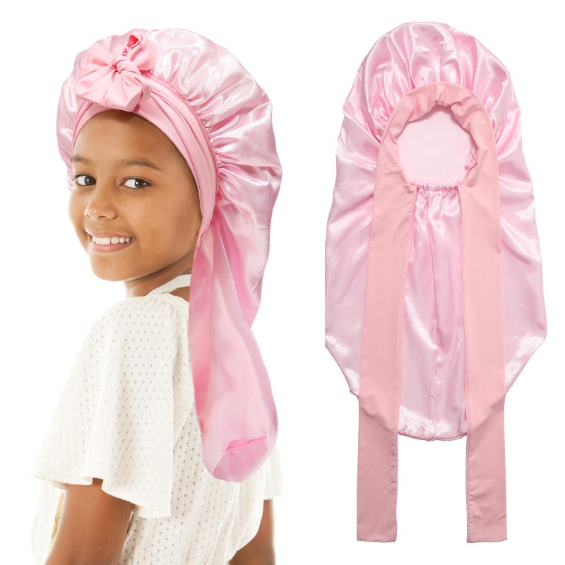 AWAYTR Kids Long Hair Bonnet for Sleeping - Double Layer Girls Elastic Satin Bonnet with Tie Band for Braid Curly Hair (Pink) - Image 1