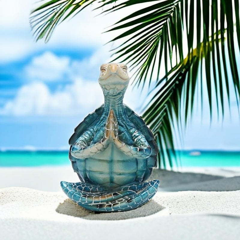VVGIFTS SEA SEA TURTLE تأمل اليوغا ديكور حديقة تمثال البحر سلحفاة البحر تأمل ديكورات الشاطئ الساحلية تمثال راتنج اليوغا Zen لزخارف المكتب المنزلي (ضع النخيل معًا) - Image 2