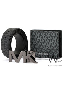 Michael Kors Black Genuine Leather Mk Patterned Wallet And Belt Gift Set
