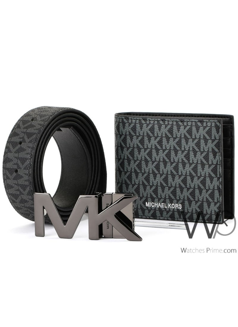 Michael Kors - Michael Kors Black Genuine Leather Mk Patterned Wallet And Belt Gift Set - Image 1