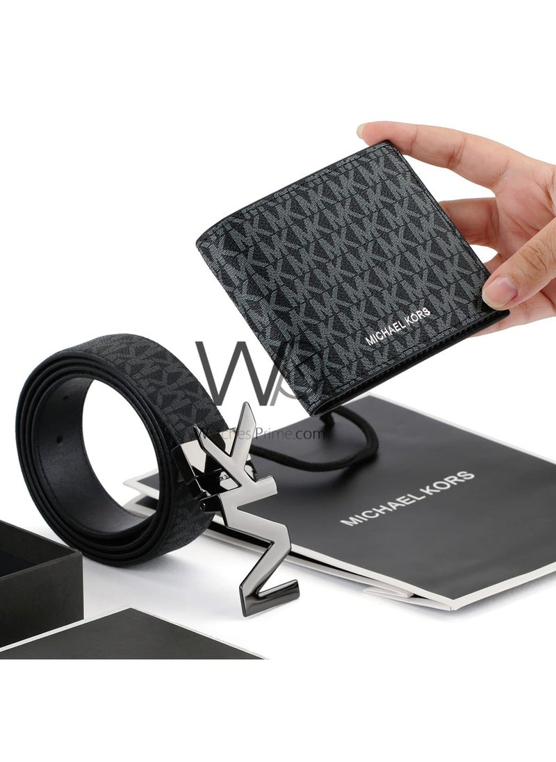 Michael Kors - Michael Kors Black Genuine Leather Mk Patterned Wallet And Belt Gift Set - Image 1