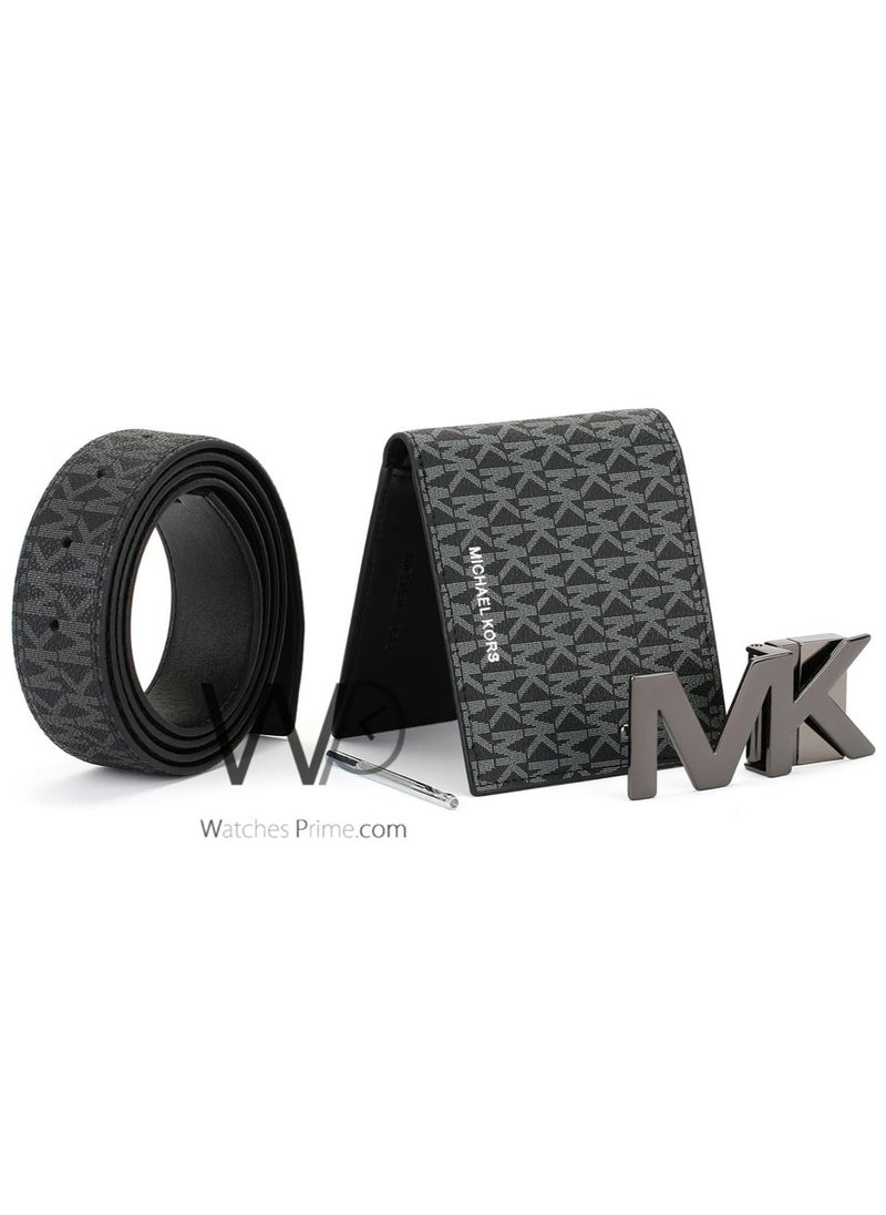 Michael Kors - Michael Kors Black Genuine Leather Mk Patterned Wallet And Belt Gift Set - Image 1
