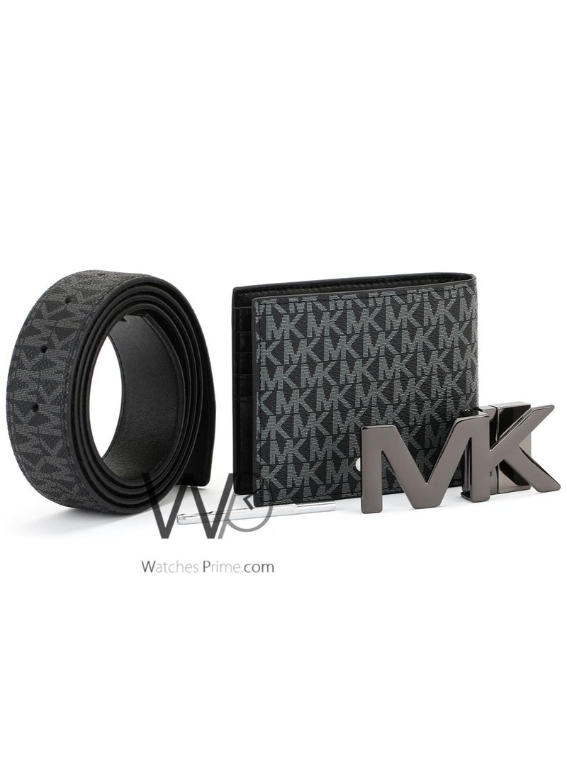 Michael Kors - Michael Kors Black Genuine Leather Mk Patterned Wallet And Belt Gift Set - Image 1