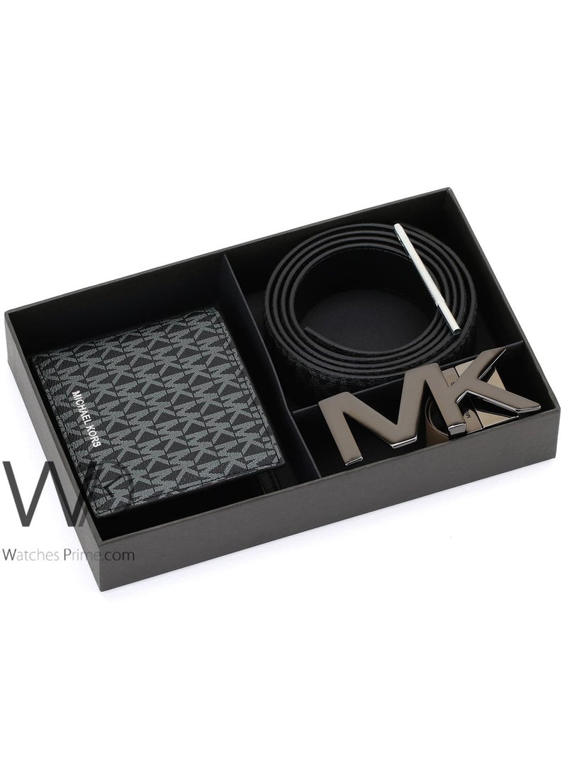 Michael Kors - Michael Kors Black Genuine Leather Mk Patterned Wallet And Belt Gift Set - Image 1