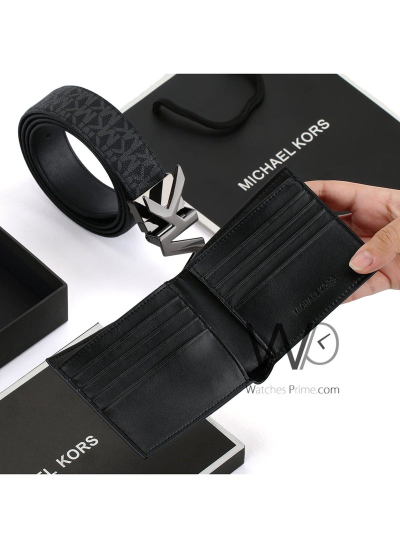 Michael Kors - Michael Kors Black Genuine Leather Mk Patterned Wallet And Belt Gift Set - Image 1