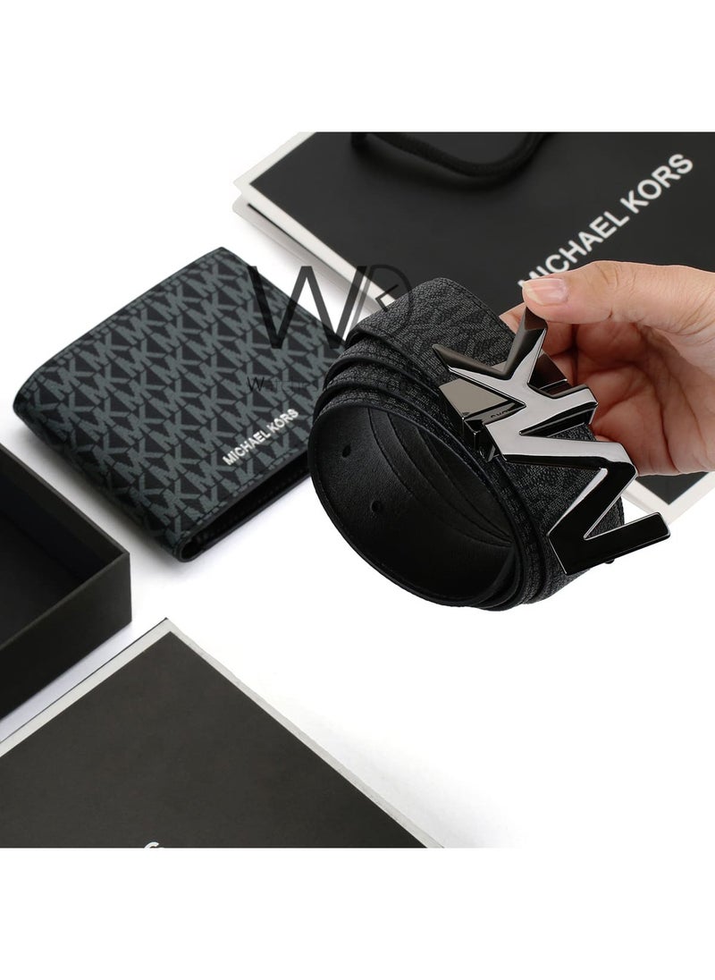 Michael Kors - Michael Kors Black Genuine Leather Mk Patterned Wallet And Belt Gift Set - Image 1