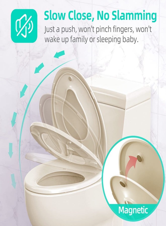 Uming Elongated Toilet Seat with Built-in Potty Training Seat for Toddlers& Adults, Slow Close, Never Loosen, Heavy Duty, Ergonomic, Space Saving Toddler Toilet Seat, (Elongated 18.5", Oval, Bone/Almond) - Image 4
