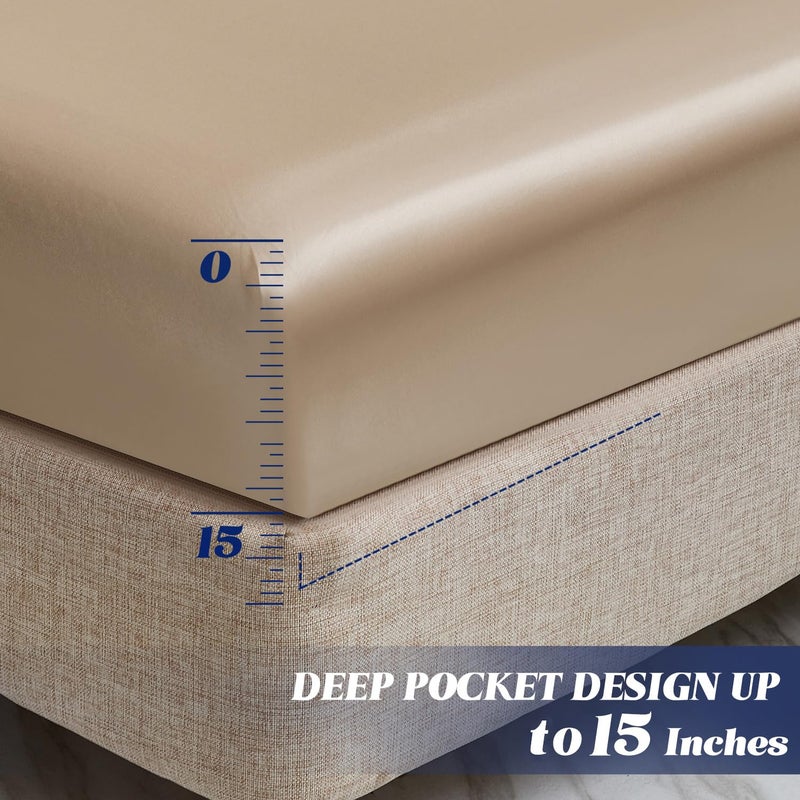 MR&HM MR&HM Satin Fitted Sheet California King Size  Silky Bottom Sheet with Elastic Corner Straps  Deep Pocket up to 15 Inch  No More Slipping Off for Mattress - 1 Fitted Sheet Only (Champagne)  - Image 4