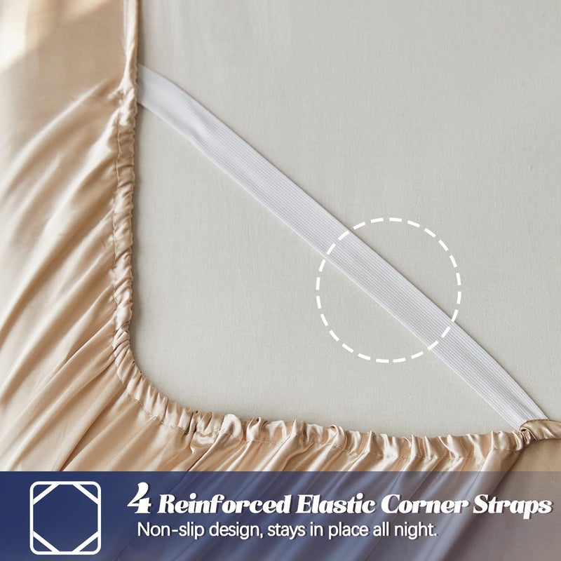 MR&HM MR&HM Satin Fitted Sheet California King Size  Silky Bottom Sheet with Elastic Corner Straps  Deep Pocket up to 15 Inch  No More Slipping Off for Mattress - 1 Fitted Sheet Only (Champagne)  - Image 3