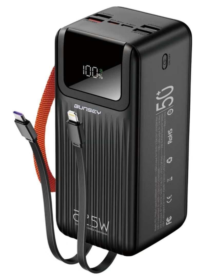 بونسي باور بانك Bunsey بسعة 50000 مللي أمبير وقوة شحن سريع 22.5 واط - 4 كابلات مدمجة (Lightning/Type-C/USB/Micro)، 4 منافذ USB + منفذان Type-C، شاشة عرض رقمية - متوافق مع أجهزة iPhone 15/14/13/12، Samsung S24/S23/S22، Xiaomi، Huawei، Oppo، Vivo وجميع أجهزة Android - شاحن محمول فائق القوة - أسود - Image 1