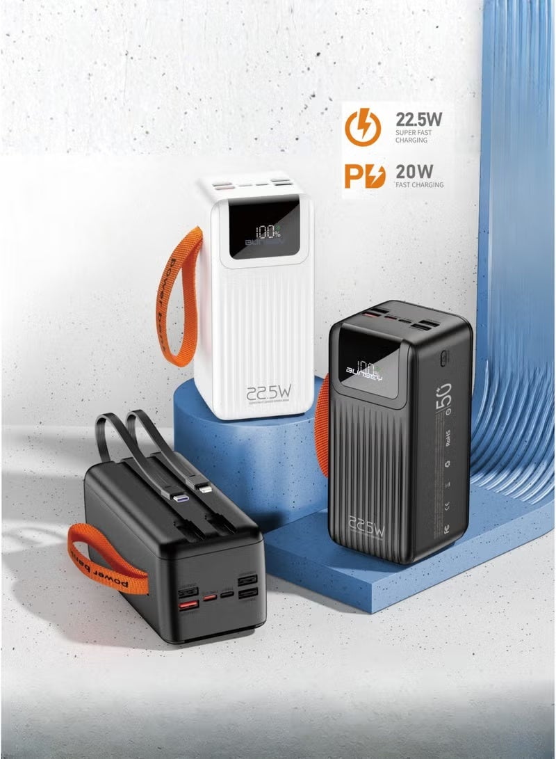بونسي باور بانك Bunsey بسعة 50000 مللي أمبير وقوة شحن سريع 22.5 واط - 4 كابلات مدمجة (Lightning/Type-C/USB/Micro)، 4 منافذ USB + منفذان Type-C، شاشة عرض رقمية - متوافق مع أجهزة iPhone 15/14/13/12، Samsung S24/S23/S22، Xiaomi، Huawei، Oppo، Vivo وجميع أجهزة Android - شاحن محمول فائق القوة - أسود - Image 2