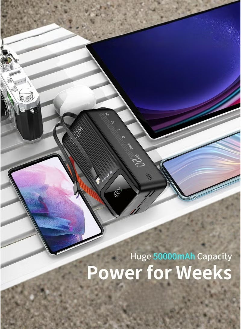 بونسي باور بانك Bunsey بسعة 50000 مللي أمبير وقوة شحن سريع 22.5 واط - 4 كابلات مدمجة (Lightning/Type-C/USB/Micro)، 4 منافذ USB + منفذان Type-C، شاشة عرض رقمية - متوافق مع أجهزة iPhone 15/14/13/12، Samsung S24/S23/S22، Xiaomi، Huawei، Oppo، Vivo وجميع أجهزة Android - شاحن محمول فائق القوة - أسود - Image 3