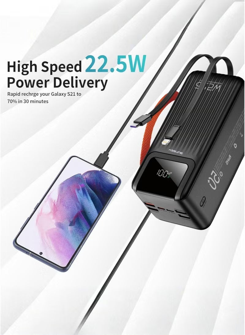 بونسي باور بانك Bunsey بسعة 50000 مللي أمبير وقوة شحن سريع 22.5 واط - 4 كابلات مدمجة (Lightning/Type-C/USB/Micro)، 4 منافذ USB + منفذان Type-C، شاشة عرض رقمية - متوافق مع أجهزة iPhone 15/14/13/12، Samsung S24/S23/S22، Xiaomi، Huawei، Oppo، Vivo وجميع أجهزة Android - شاحن محمول فائق القوة - أسود - Image 5