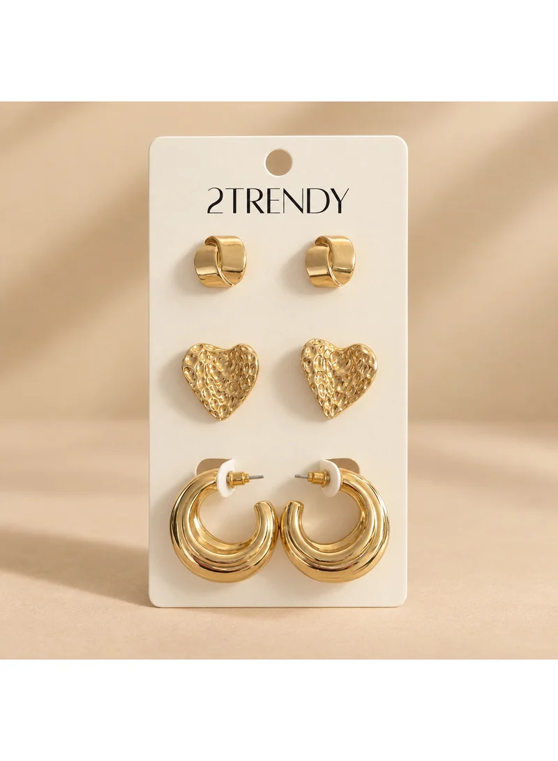 2Trendy Women’s 3-Pair Gold-Tone Earrings Set – Mini Hoops, Textured Heart Studs & Chunky Hoop Earrings