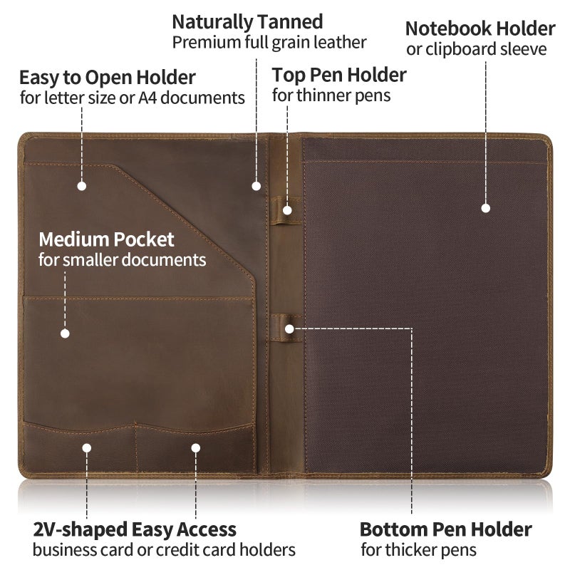 Ringsun Leather Portfolio Organizer for Men Women, Leather Padfolio Business Resume Legal Pad Portfolio Notebook Binder for A4/Pad, Leather Folio Leather Folder, Brown - Image 3