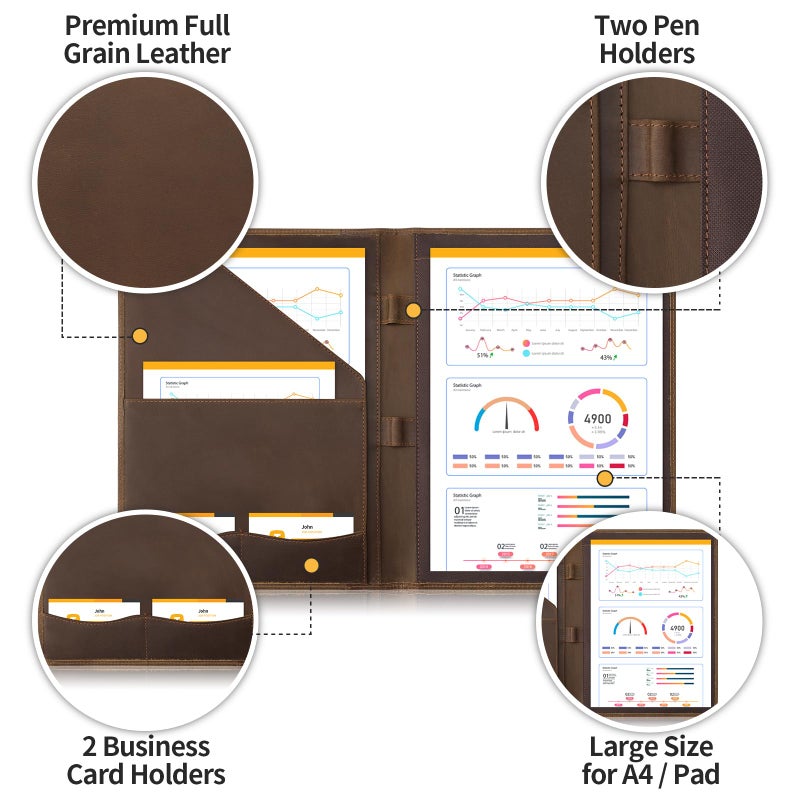 Ringsun Leather Portfolio Organizer for Men Women, Leather Padfolio Business Resume Legal Pad Portfolio Notebook Binder for A4/Pad, Leather Folio Leather Folder, Brown - Image 4