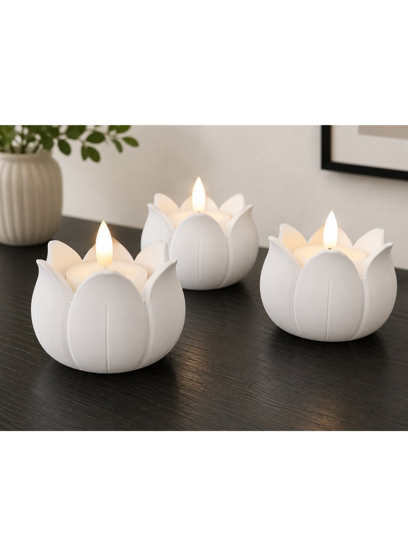 مجموعة من 3 حاملات شموع ديكورية بيضاء بتصميم زهرة اللوتس لشموع LED - Image 4