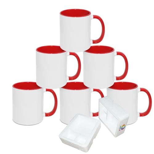 MRR 11oz Sublimation Blank Coffee MugsCup Blank White Mug Cup with Red Color Mug Inner and HandleSet of 6