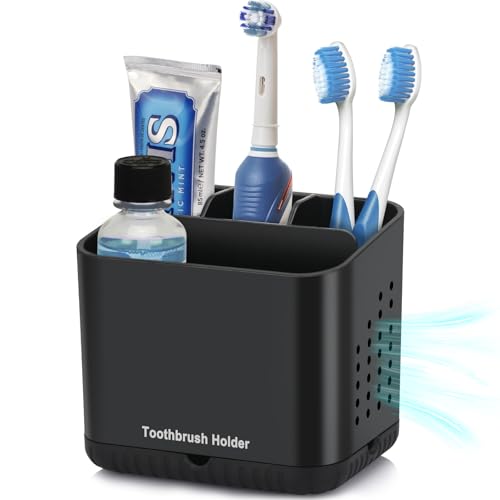 PARKMANI Black Toothbrush Holders for Bathrooms, Kids Electric Toothbrush and Toothpaste Holder, 4 Slots Tooth Brush Holder for Bathroom Countertop Organizer (Black) - Image 1