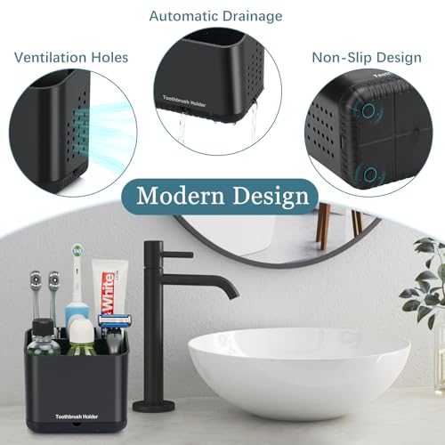 PARKMANI Black Toothbrush Holders for Bathrooms, Kids Electric Toothbrush and Toothpaste Holder, 4 Slots Tooth Brush Holder for Bathroom Countertop Organizer (Black) - Image 3