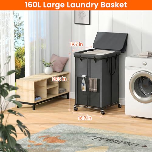 Olldide 160L Laundry Hamper with Lid, Rolling Laundry Basket with Wheels, Large & Tall Dirty Clothes Hamper with Metal Frame and Removable Bag for Bedroom Aesthetic, Laundry Room, Bathroom, Dorm-Dark Gray - Image 2