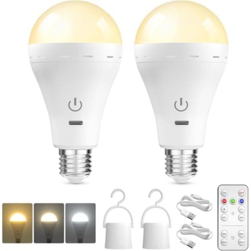 Rechargeable Light Bulbs with Remote, 2 Pack E26 Battery Operated LED Bulbs, 3 Color Temperatures, Dimmable, 15/30/60/120 Min Timer, USB Charging, Up to 35 Hours for Power Outages - Image 1