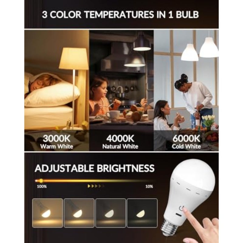 Rechargeable Light Bulbs with Remote, 2 Pack E26 Battery Operated LED Bulbs, 3 Color Temperatures, Dimmable, 15/30/60/120 Min Timer, USB Charging, Up to 35 Hours for Power Outages - Image 5