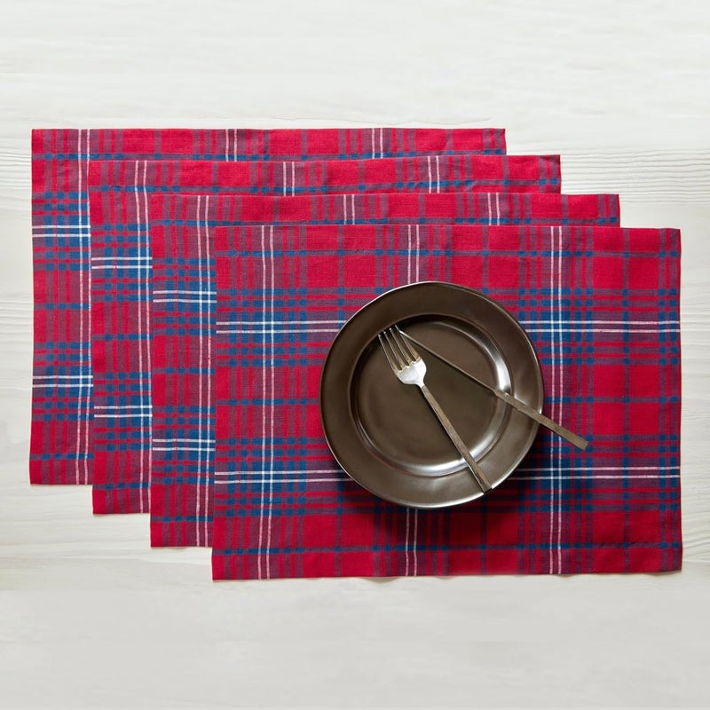 Solino Home Linen Placemats Set of 4100 Pure Linen Christmas Red and Navy Tartan Plaid Placemats 14 x 19 Inch  Handcrafted and Machine Washable - Image 1