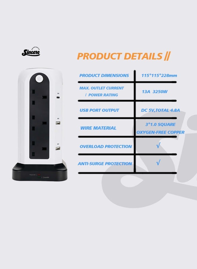 18 in 1 Sincere Universal Vertical Tower Power Strip with 12 Sockets 4 USB Slots And 2M Extension Cord For Home And Office - Image 2
