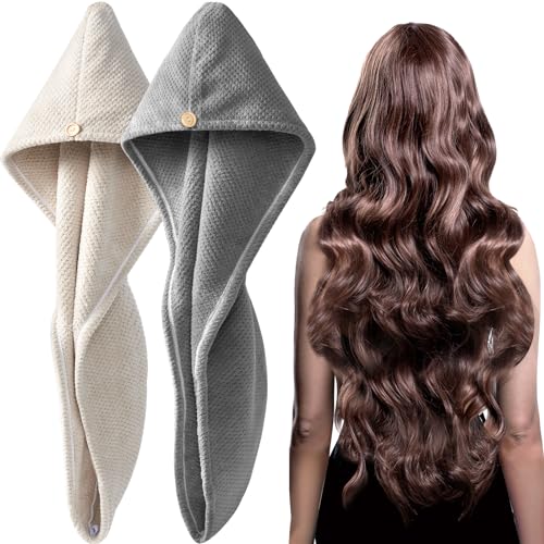 YFONG 2 Pack Large Microfiber Hair Towel Wrap, Super Absorbent Quick Dry Hair Turban for Drying Long Thick Curly Hair, Anti Frizz, Drying Towel with Button - Image 1