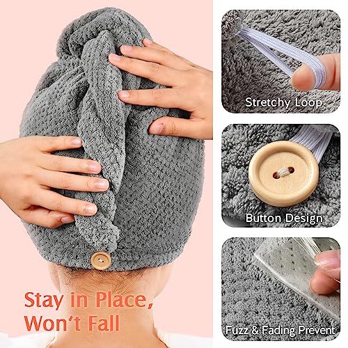 YFONG 2 Pack Large Microfiber Hair Towel Wrap, Super Absorbent Quick Dry Hair Turban for Drying Long Thick Curly Hair, Anti Frizz, Drying Towel with Button - Image 5