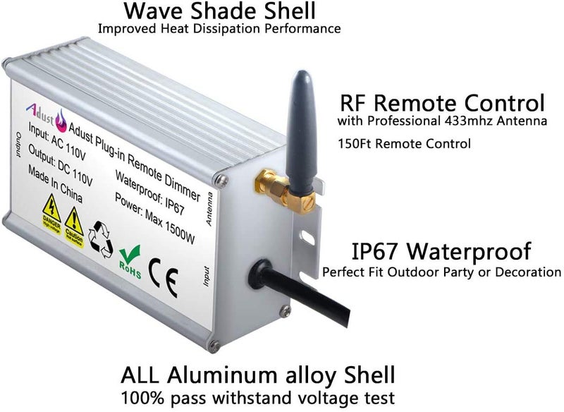 Adust Outdoor Dimmer for String Lights 1500W, IP67 Waterproof/150FT Range/Timer Control/3 Prong Outlet for Outdoor LED String Lights & Incandescent Bulbs, Wireless RF Remote Plug-in Dimmer Switch - Image 3
