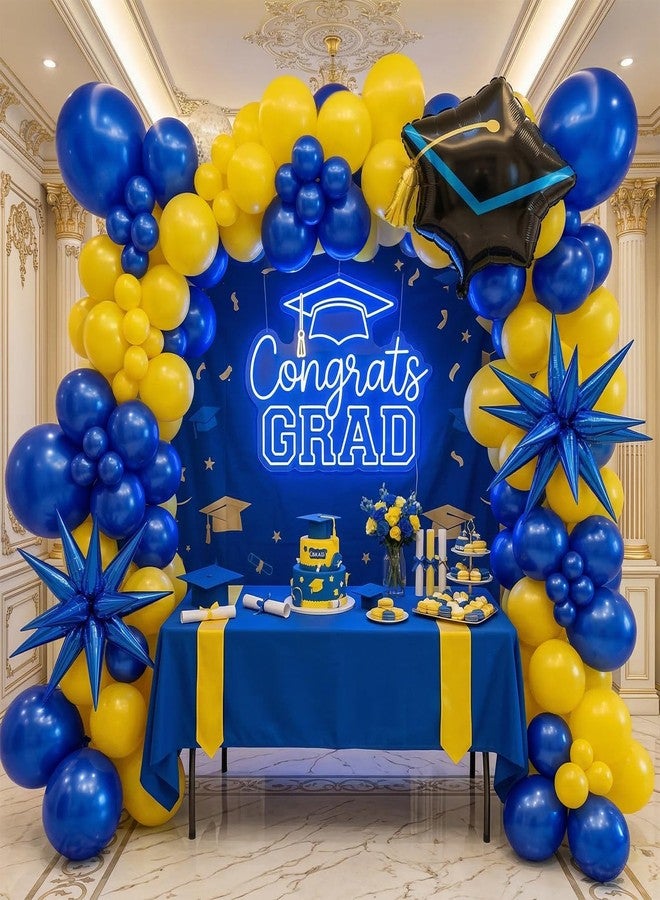 kozee royal blue and yellow balloon garland arch kit 150+pcs with graduation cap Blue star mylar balloons for Men birthday 2026 Graduation Ceremony Prom decorations - Image 1